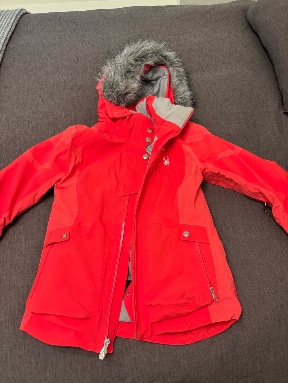 Women’s Red Insulated Ski Jacket with Faux Fur Hood